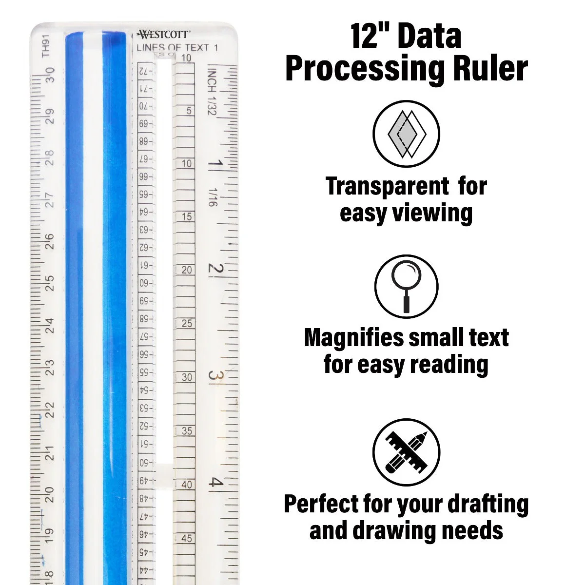 Westcott 12" Data Processing Magnifying Ruler, Clear (14125) - Image 5