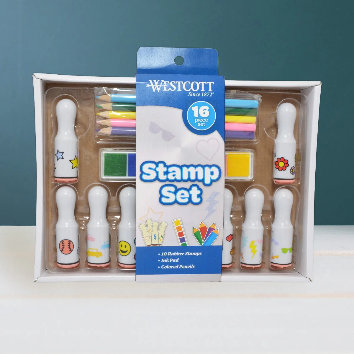 Westcott 16-Piece Stamp Set, Includes 10 Stamps, Colored Pencils and Multi-Color Ink Pad (17972) - Image 7