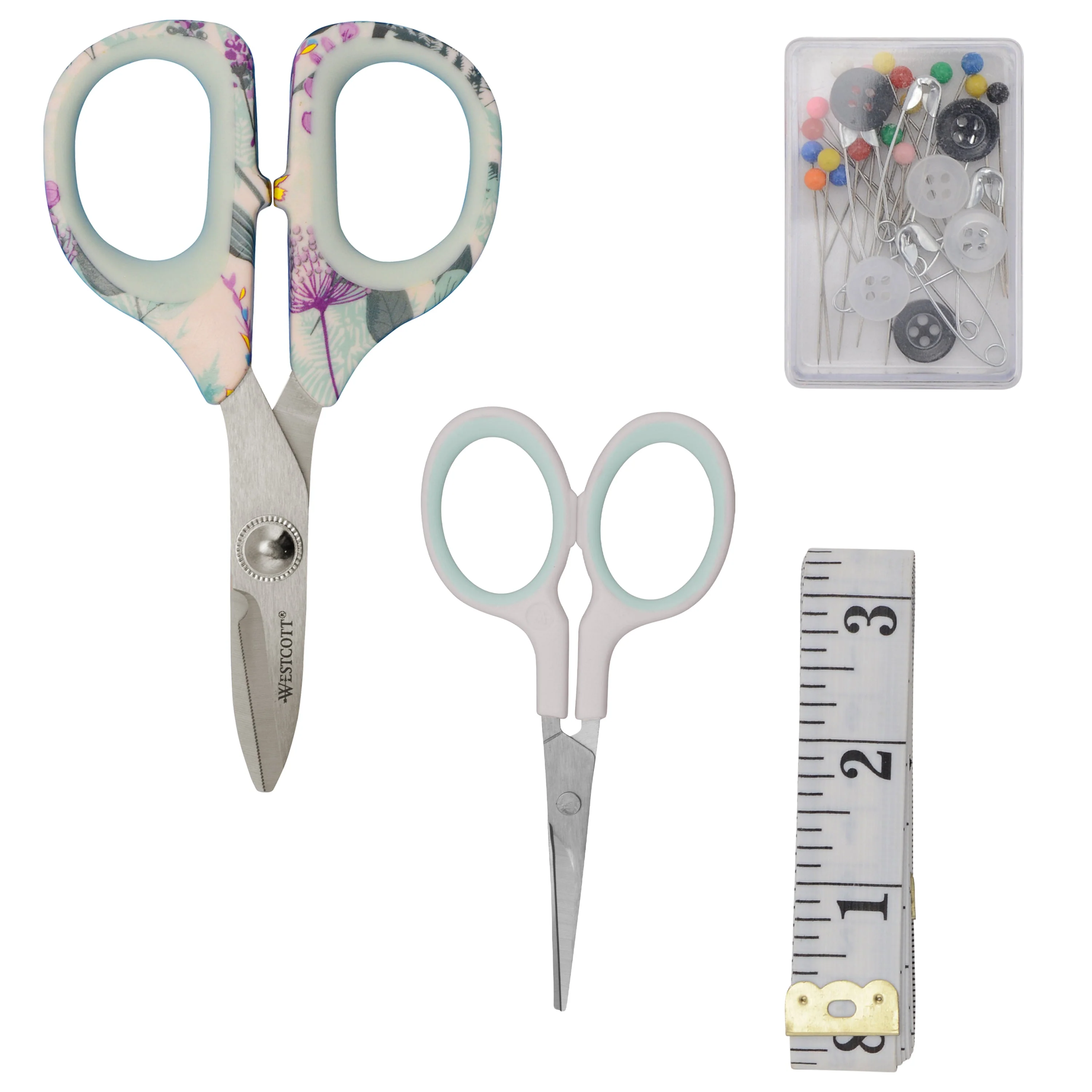 Westcott 4-Piece Sewing Set with Rag Scissors, Embroidery Scissors, Tape Measure, Box of Pins and Buttons for Fabric, Quilting, and Sewing Projects (00764-Parent)