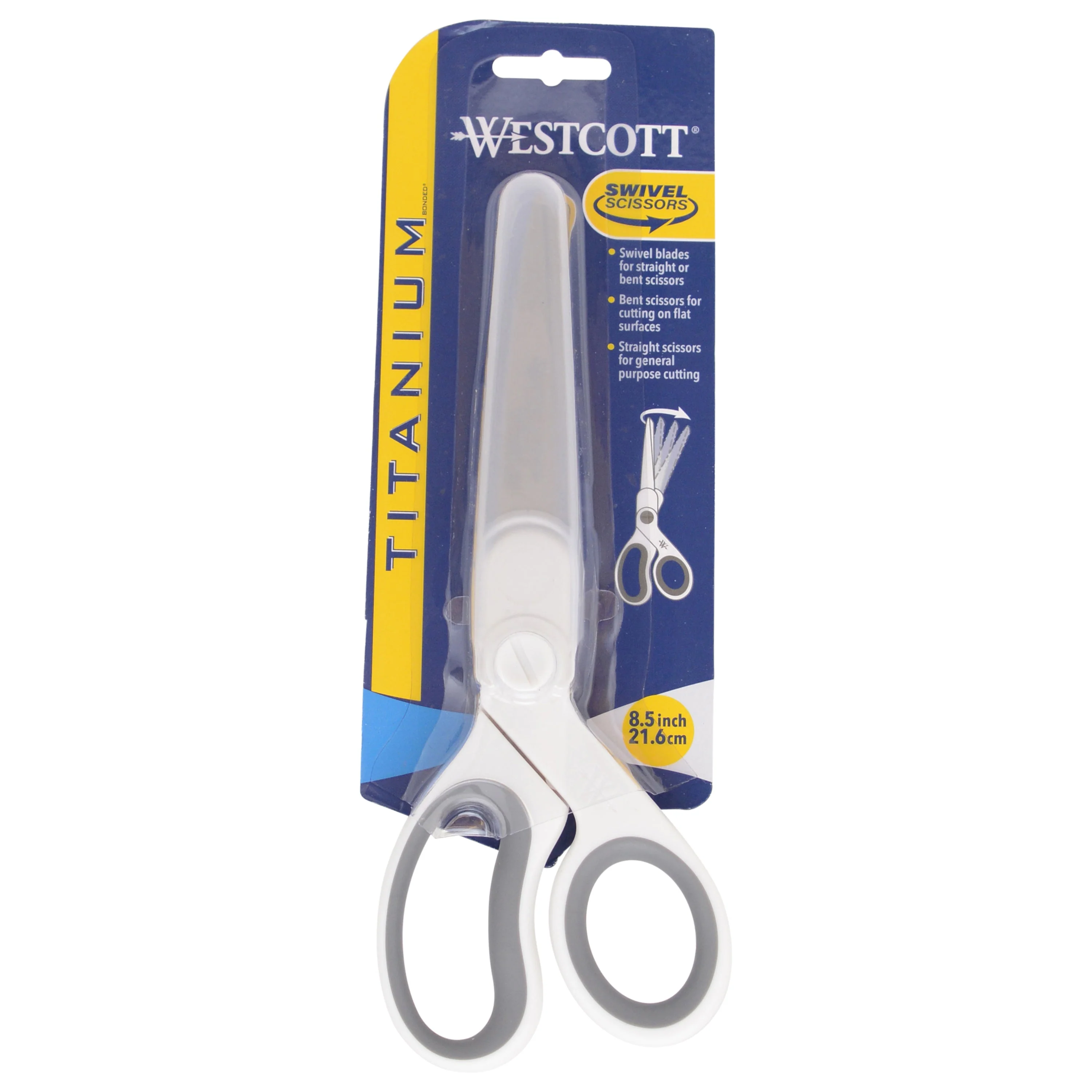 Westcott 8.5” Swivel Pivot Scissors, Adjustable Straight or Bent Blades, Titanium Bonded, Ergonomic Cutting with Protective Sheath, White/Gray (00904-Parent) - Image 2
