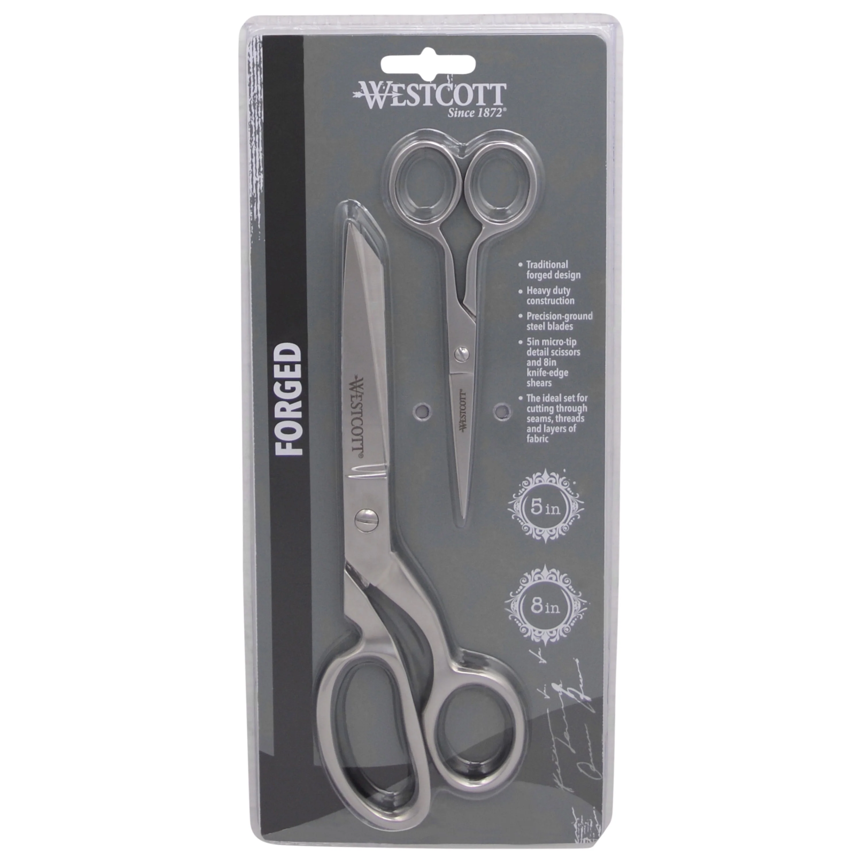 Westcott Forged 8in & 5in Scissors for Fabric and Paper Crafts, 2-Pack, Detail Snips and Heavy Duty Shears, Dressmaker Shears for Sewing, Tailoring, Quilting, Art, Office (00844-PARENT) - Image 2