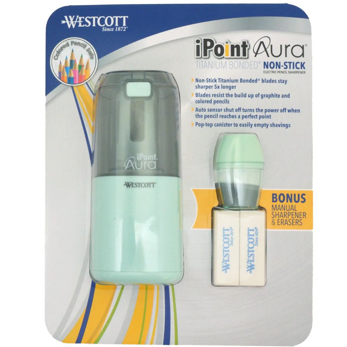 Westcott iPoint Aura Titanium Nonstick Electric Pencil Sharpener (each includes bonus manual sharpener + 2 erasers) Mint (17804-PARENT)